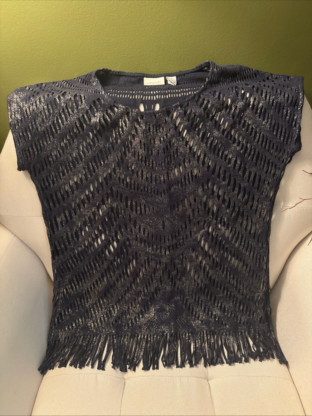 Chico's Black Open-Knit Fringe Short Sleeve Sweater